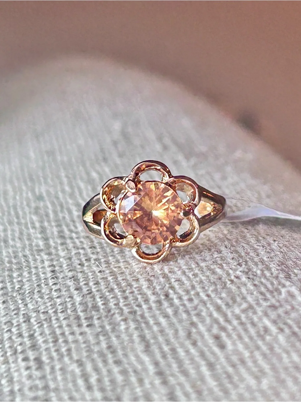 Gold Floral Peach CZ Ring - size 7